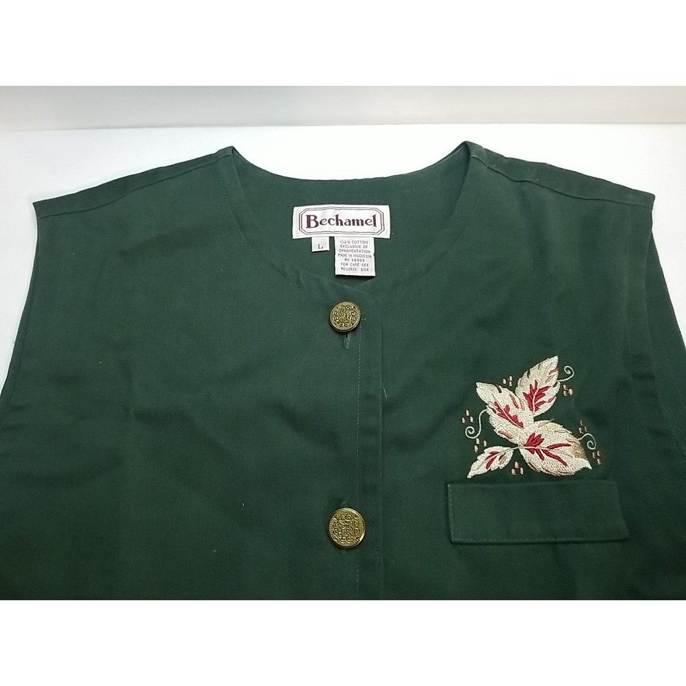 Bechamel Womens Large L Button‎ Up Vest Sleeveless Green Fall Cotton Embroidered